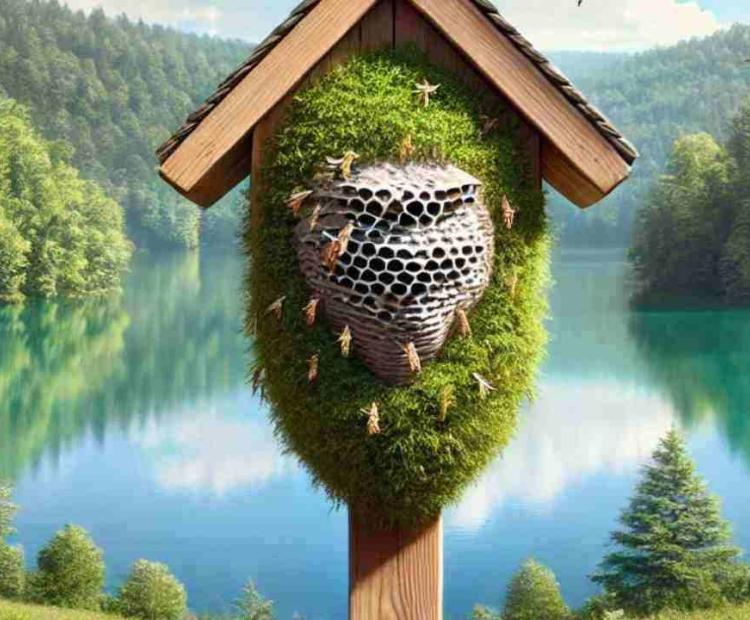 A chaotic wasp nest takeover inside a birdhouse, with wasps swarming and buzzing wildly.